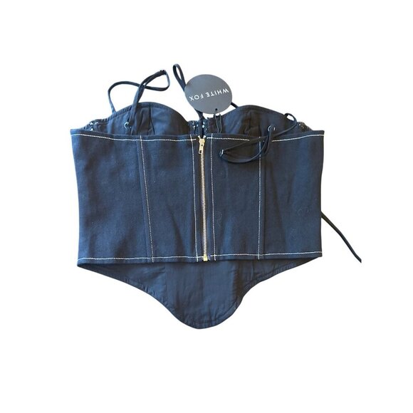 NWT White Fox Black "Since I Met You" Bustier Top Cotton Medium Zipper & Tie - Picture 2 of 4